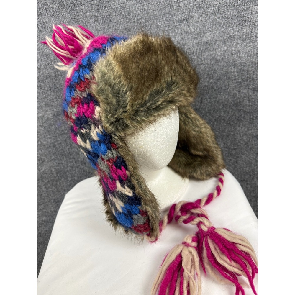 American Eagle Fair Isle Knit Trapper Hat Fur Ear Flaps Pom Pom Nordic Icelandic